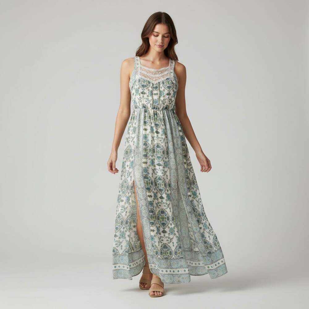 Free People First Kiss Maxi Dress Cream Teal Medallion Lace Back Empire Waist 12